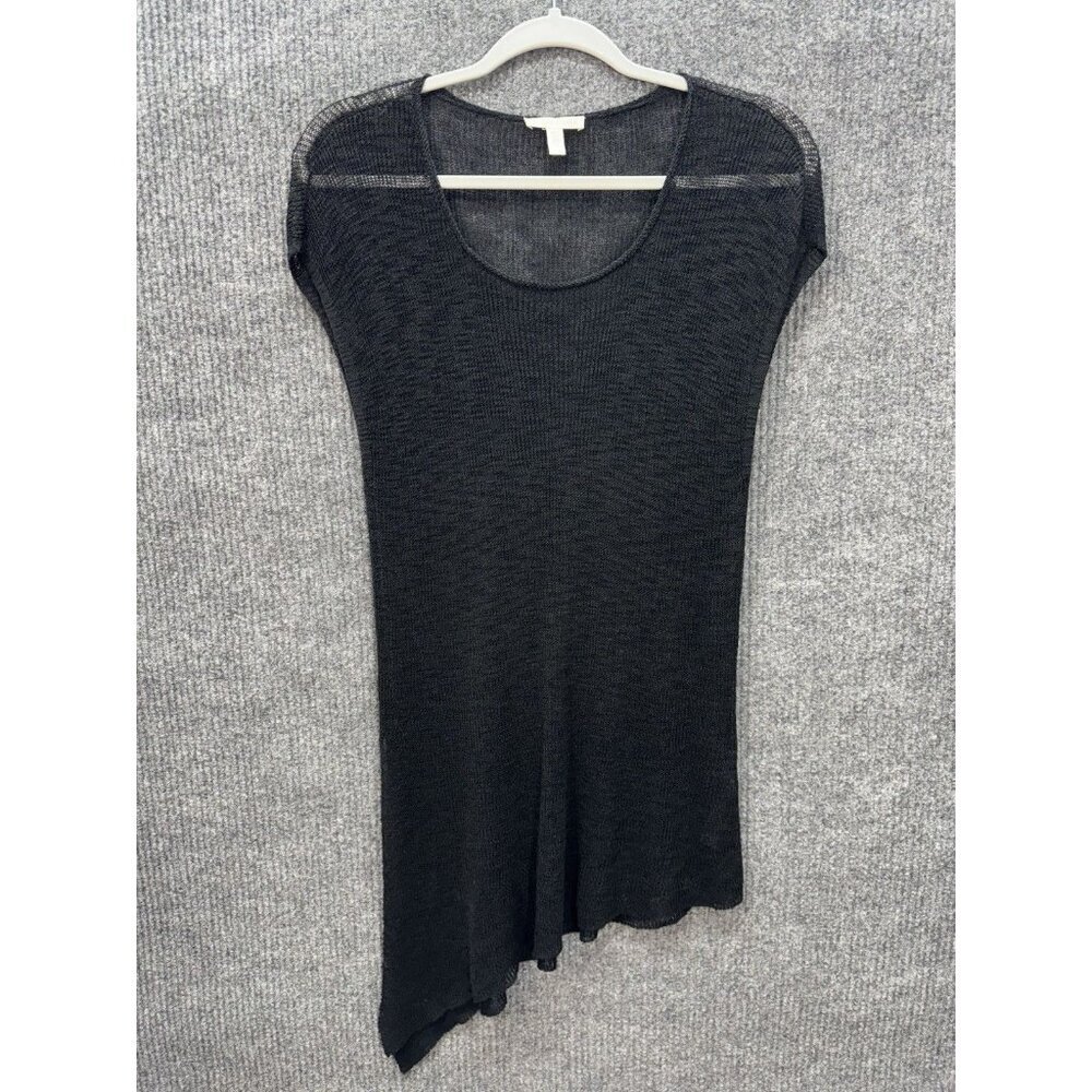 Eileen Fisher Linen Blend Open Knit Tunic Top Womens Small Black Asymmetrical